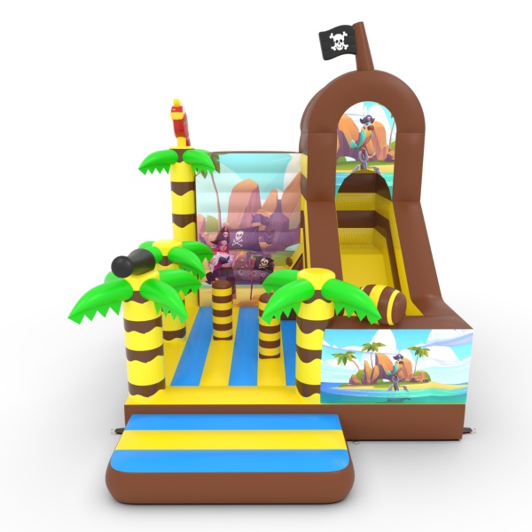 Aufblasbares Spielgerät mit Rutschen-Kombi mit Aufdruck im Piraten-Motiv