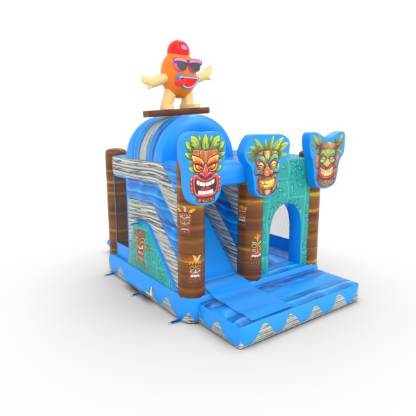 Aufblasbares Spielgerät mit Rutschen-Kombi mit Aufdruck im Hawaii-Motiv Tiki