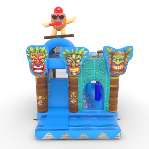 Aufblasbares Spielgerät mit Rutschen-Kombi mit Aufdruck im Hawaii-Motiv Tiki